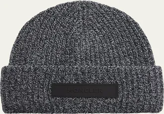 Moncler Mens Mouline Knit Rubber-Logo Beanie Hat