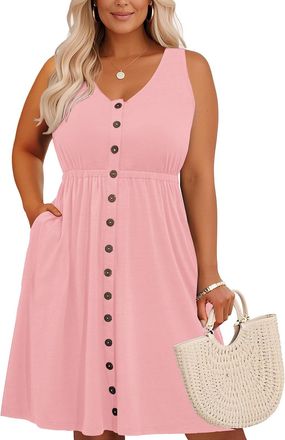 Holipick Womens Plus Size Summer Dresses for Women Casual Dress with Pockets A-Line Swing Button Down Sleeveless V Neck, Pink, 22 Plus