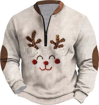 Generic Christmas Jumpers for Men 1/4 Zip Ugly Christmas Sweatshirt Pullover Mens Long Sleeve Crew Neck Funny Printed Xmas Jumper Warm Cosy Xmas Sweatshirts T