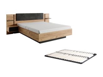 Vente-Unique Cama con mesas de noche 160 x 200 cm - Con LEDs - Color: natural y antracita + Somier - ELYNIA