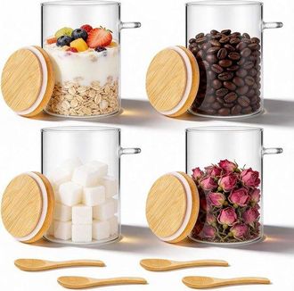 OEM Juego De Almacenamiento De 4 Piezas: Vaso Para Yogur, Recipientes De Almacenamiento De 550 Ml, De Vidrio, Color Madera Natural