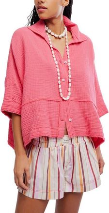Free People Happy Days Oversized Cotton Gauze Button-Up Top in Tart Berry at Nordstrom, Size X-Large