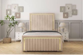 Sloomy Boston Gold Naples Bed Frame With 50 Upholstered Headboard in Light Sand | Size: Double