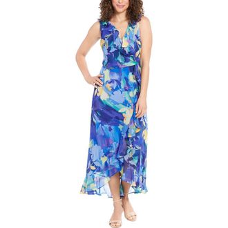 London Times Yuryu Floral Ruffle Wrap Dress in Blue Multi at Nordstrom Rack, Size 12