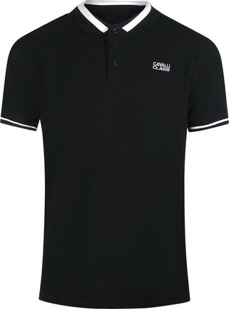 Cavalli Mens Bold Stripe Collar Black Polo Shirt Cotton - Size X-Large