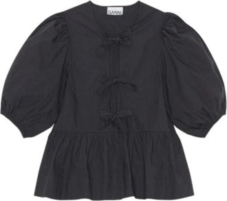 Ganni Short-Sleeve V-Neck Blouse - Dames - Blouses - Zwart - S - Overhemden