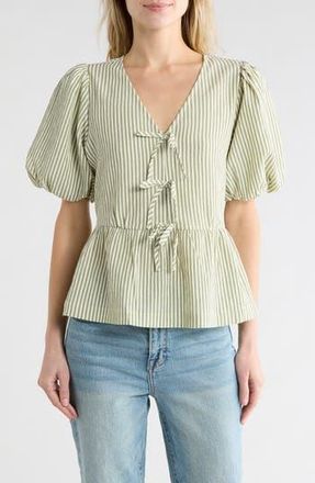 Chenault Bow Short Sleeve Seersucker Peplum Top in Green Ivory at Nordstrom Rack, Size X-Large