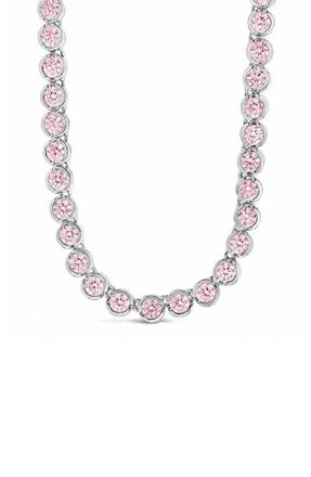 Sterling Forever Helene Bezel Cubic Zirconia Tennis Necklace in Silver/pink at Nordstrom, Size 18