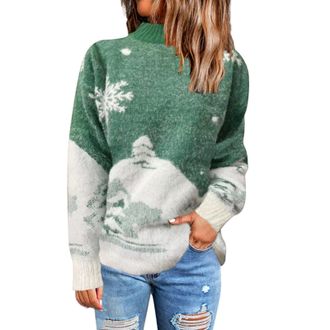 Generic Christmas Jumpers for Women Trendy Polo Neck Snowflake Knitted Jumpers Turtleneck Xmas Holiday Sweaters High Neck Knitwear Cozy Going Out Pullover Swe