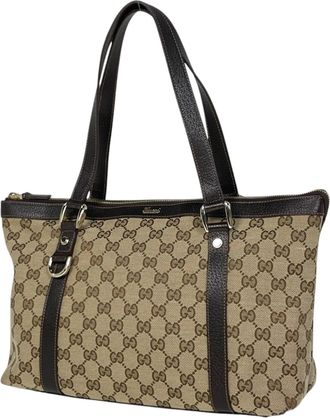 Gucci Beige Brown Gg Canvas Leather Handbag Tote Bag (Pre-Owned)
