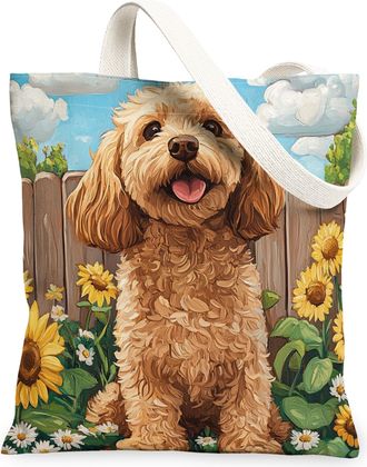 Generic Spring Cockapoo Dog Canvas Tote Bag for Shopping 13x15, Sunflower Fence Puppy Reusable Grocery Print Bag for Women, Farmhouse Pet Beach Aesthetic Pain