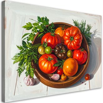 Feeby Cuadro Sobre Lienzo, Naturaleza Muerta Con Tomates Y Hierbas En Un Cuenco, 120x80