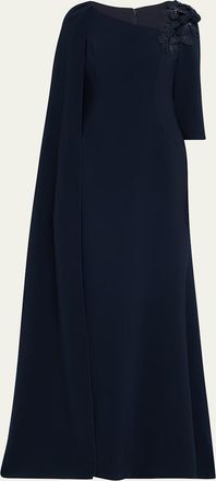 Teri Jon Cape-Sleeve Floral Applique Trumpet Gown