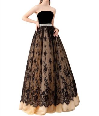 Angela & Alison Floor Length Prom Dress In Black-Nude