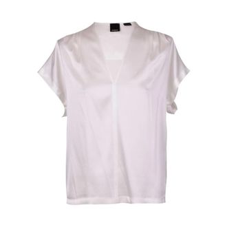 Pinko Blouses, female, White, Size: M V-Neck Silk Blend Short Sleeve Top