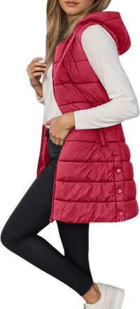 Generic Womens Gilet Long, Longline Hooded Quilted Jacket Ladies Winter Puffer Coats Black Waistcoat Women Long Vest Body-Warmer Coat With Pockets Winter Ligh