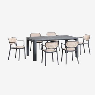 Sklum Set De Mesa Rectangular (180x100 Cm) Arnadine Y 6 Sillas De Jard&iacute;n Apilables Con Reposabrazos Omara Sklum