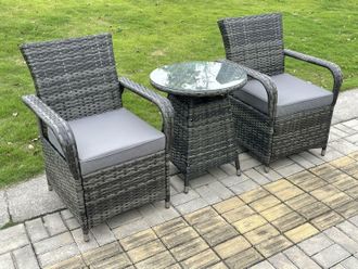 Fimous Rattan Garden Furniture Dining Set Table & Chairs WiCker Patio Outdoor 2 Chairs Plus Small Round Table in Dark Grey