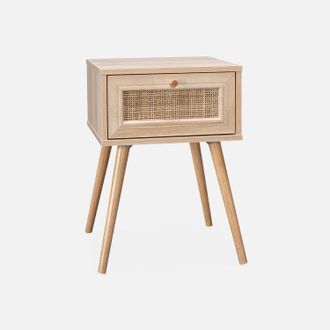 Sweeek Sweeek - Mesita De Noche Con Efecto Madera Y Ca&ntilde;a, 1 Caj&oacute;n, Boheme, Natural, 39x39x55.4 Cm