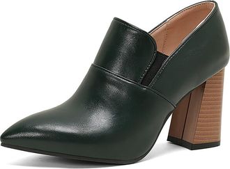 Generic MiaZane Womens Pointed Toe Ankle Boots PU Leather Block Heel High Heels Shallow Slip On Shoes Elegant Office and Party Footwear,Green,6.5 UK