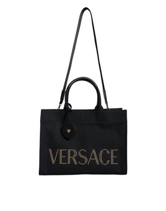 Versace Zwarte Canvas Leren Logo Schoudertas met Handvat