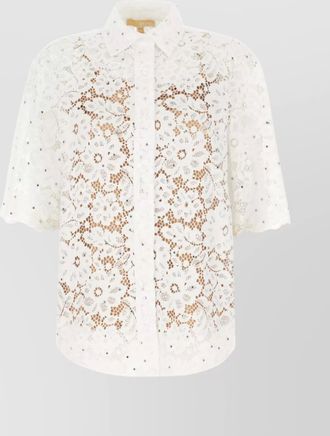 Michael Kors lace floral blouse scalloped semi-sheer sleeves