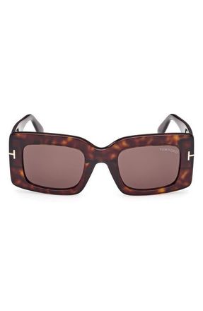 Tom Ford Brigitta 50mm Rectangular Sunglasses in Dark Havana Eco /T Logo at Nordstrom