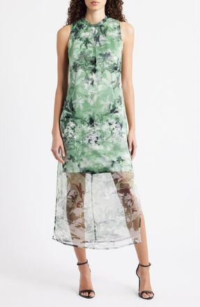 Vince Camuto Floral Semisheer Organza Midi Dress in Navy/green Multi at Nordstrom, Size 10