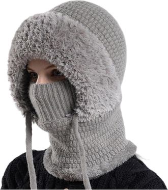 Generic 3 in 1 Winter Hat with Scarf and Mask, Womens Outdoors Windproof Knitted Hat, Elastic Warm One-Piece Hatand Scarf (UK, Alpha, One Size, Gray)