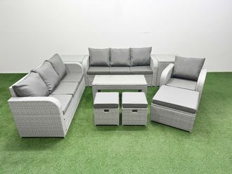Fimous 10 Seater Poly Rattan Outdoor Garden Furniture Oblong Coffee Table Sofa Set Patio 3 Seater Sofa Reclining Chair 3 Seater Sofa 3 Stools 2 Side