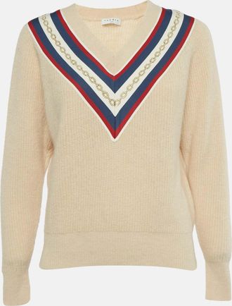 Sandro Beige Applique Rib Knit V-Neck Sweater
