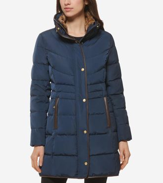 Cole Haan Womens Hidden Hood Puffer Coat - Blue Size Medium