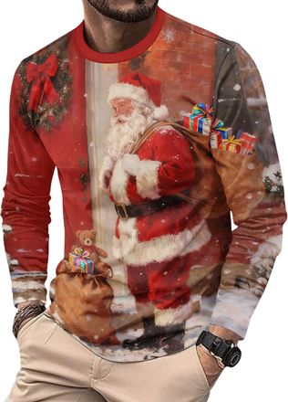 Generic Mens Christmas Long Sleeve T-Shirts Funny Xmas Holiday Printed Tops Vacation Christmas Shirt Crewneck Tees (UK, Alpha, XL, Regular, Regular, 22)