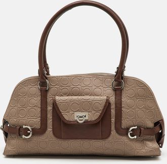 Ferragamo Beige/brown Gancini Embossed Leather Zip Satchel