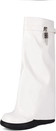 Generic Womens Round Toe Knee High Boots Patent PU Leather With Adjustable Buckle Strap Chunky Platform Slip-On Design Smooth Upper Supportive Fit,White,5.5 U