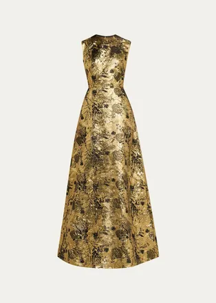 Reem Acra Metallic Floral Brocade Sleeveless A-Line Gown