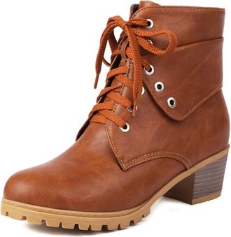 Generic Womens Ankle Boots Lace Up PU Leather Round Toe Medium Chunky Block Heel Lug Sole Metal Eyelets Reinforced Stitching Non Slip Durable Structure,Brown,