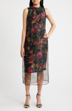Vince Camuto Floral Print Organza Overlay Midi Dress in Blck Multi at Nordstrom, Size 10