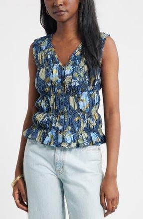 Treasure & Bond Shirred Button-Up Tank in Navy- Olive Jacobean Bloom at Nordstrom Rack, Size X-Small