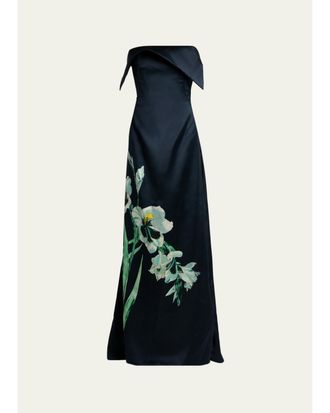 Erdem Floral Duchess Satin Strapless Gown