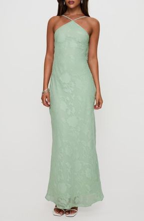 Princess Polly Zoelle Floral Jacquard Strappy Back Gown in Sage at Nordstrom, Size 12