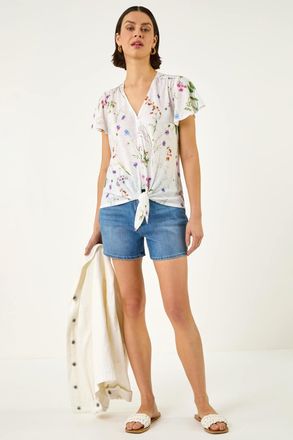 Roman Floral Print Tie Front Top