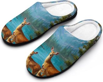 Generic Deer Family River Mountain Forests Slippers Men Winter Warm Cotton Anti-Slip Indoor Slip-Ons House Shoes