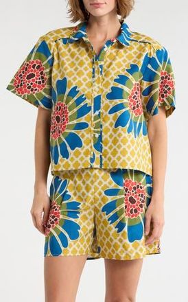 Halogen Floral Print Short Sleeve Cotton Button-Up Shirt in Blue Multi Flower at Nordstrom Rack, Size X-Large
