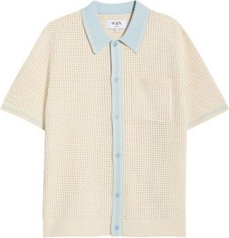 Wax London Belle Tipped Pointelle Stitch Short Sleeve Button-Up Shirt in Ecru /Pale Blue at Nordstrom, Size Xx-Large