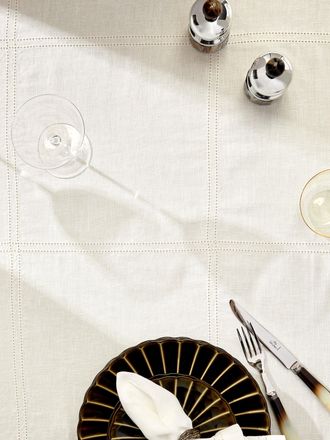 Volga Linen Double Hem-Stitch Linen Check Round Tablecloth