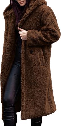 Generic Women Winter Hooded Fuzzy Fleece Coat Teddy Bear Long Faux Fur Coats Solid Color Button Down Open Front Outwear (UK, Alpha, XL, Regular, Regular, Coff
