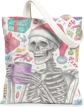 Generic Christmas Skeleton Canvas Tote Bags, Fun Holiday Design Reusable Bags, Lightweight Washable Shoulder Strap Canvas for Trave, Multicolor, 13x15 Inch