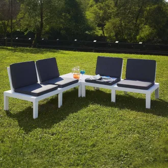 Dmora Sal&oacute;n De Jard&iacute;n Dmur, Conjunto De Jard&iacute;n Con 4 Asientos Con Respaldo Y 1 M&oacute;dulo Multifuncional, Zona De Estar Con Cojines, 100% Made In Italy, Blanco 