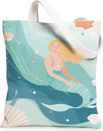 Generic Mermaid Canvas Tote Bags, Ocean Waves Design Reusable Grocery Bags, Summer Coastal Chic Lightweight Washable Shoulder Strap, Blue, 13x15 Inch